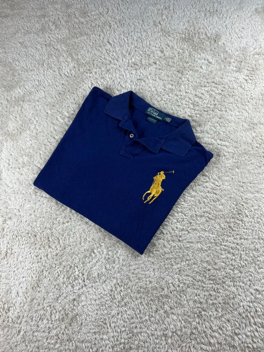 Ralph Lauren Big Pony Polo Shirt Blau | Iconic Gold Logo | Vintage Classic (L)